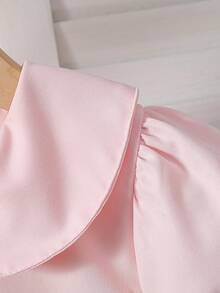 Girls' White Button-Up Shirt With Puff Sleeves, Collegiate Style, Spring/Summer - Pink - View 6