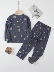2pcs Set Grey Space Duck Cartoon Print Pajamas, Boys Cotton Sleepwear, Long Sleeve Top And Pants, Spring/Autumn - Grey - View 2