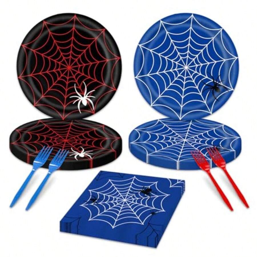 D48Pcs Cartoon Spidey-Themed Birthday Party Plies Happy Birthday Plates And Napkins Set Party Plies Web Baby Shower Decorations Spider Party Decorations - White4 - View 1