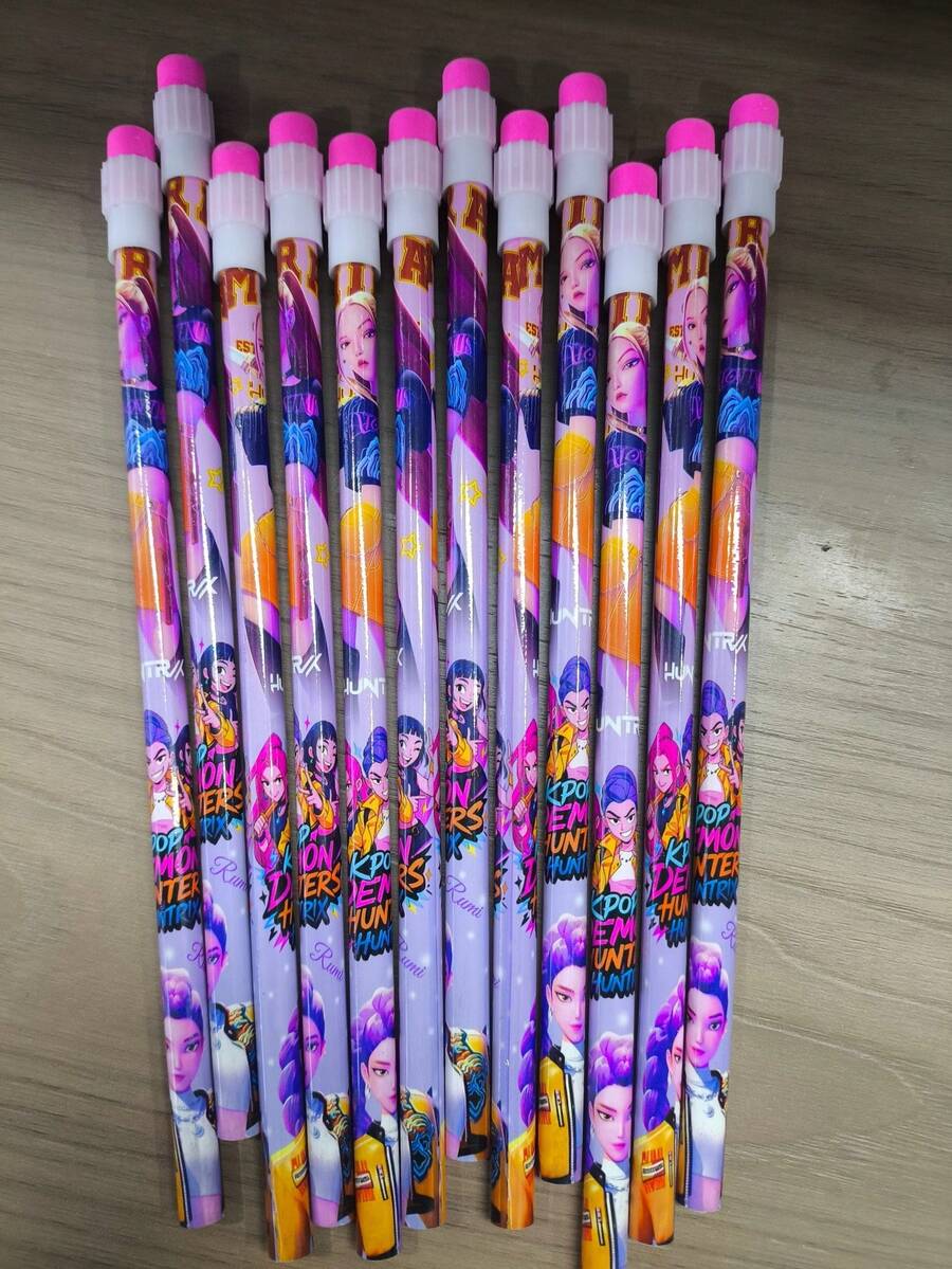 12pcs K-Pop Witch Hunting Girl Group 2025 Cartoon K-Pop Learning Pencils With Eraser Tops, Random K-Pop Stationery Styles - Multicolor - View 1