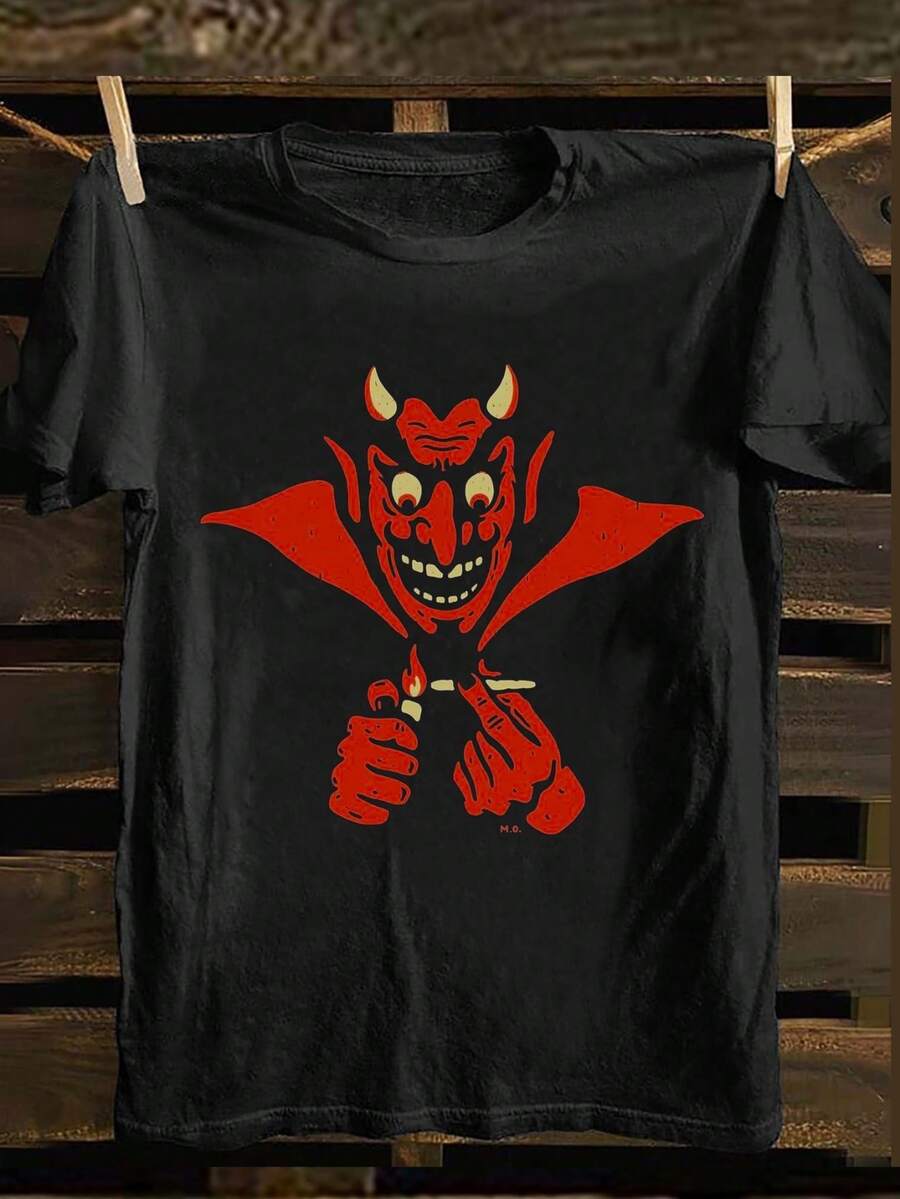 Camiseta negra diseño diablo rojo ojos amarillos alas murciélago estilo x1XstQgitLZDgxoH46Oqm moda original regalo divertido - Negro - Ver 1