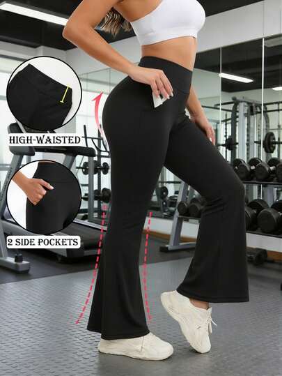 Women's High Waist Flare Pants, Solid Color, High Elasticity, High Waist Yoga Leggings, Flare Leg, Wide Waistband, With Phone Pocket, High Waist Stretchy Casual Pants, Suitable For Fitness Wear