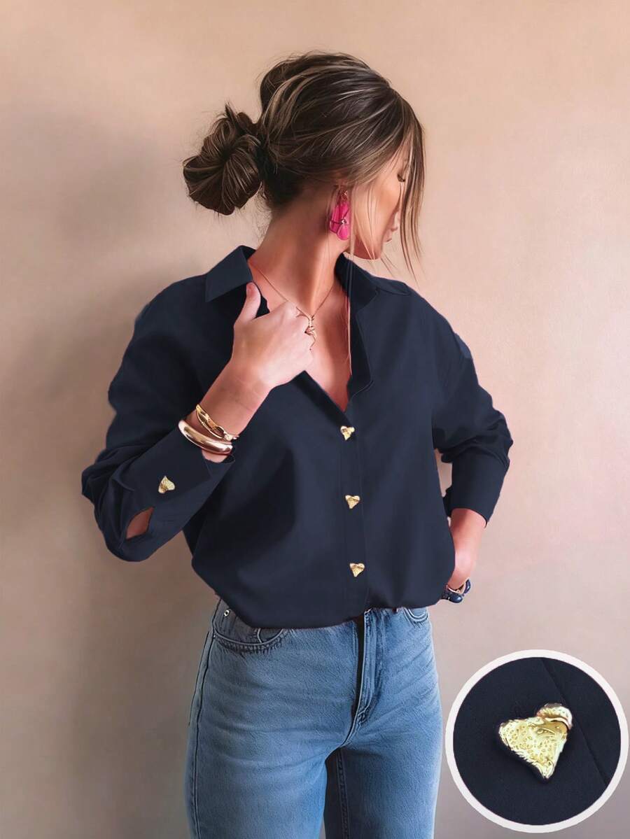 女士时尚优雅休闲简约通勤玫瑰粉条纹金属心形扣基础款衬衫,女士休闲外套,秋冬季商务休闲装 - 藏蓝色 - 查看 1