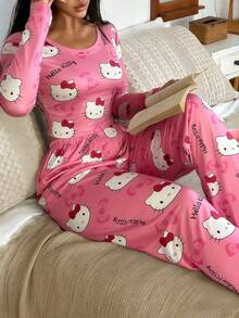 SANRIO [WONDER WORLD]2pcs Women Hello Kitty Print Crew Neck Long Sleeve Top + Elastic Waist Straight Leg Pants Pajama Set - Hot Pink - View 6