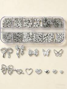12pcs/Box Metal Butterfly & Heart Shaped Nail Decorations, Y2K Style Hollow Heart, Bow, Moon, Star Shiny Star Nail Rivets, DIY Nail Accessories Nails - Silver - View 6