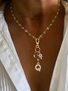 1件金色字母项链，珍珠链，白色钻石叶子吊坠项链，时尚优雅多吊坠项链，独特奢华女士项链 - 金黃色 - 查看 16