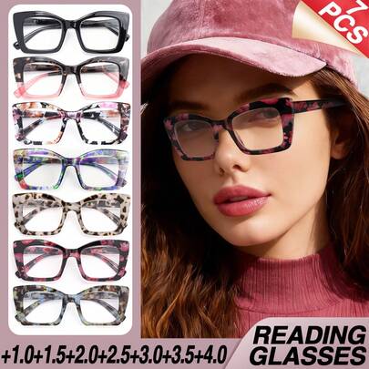 7pcs Classic Square Retro Thick Frame Reading Glasses, Fashionable Leopard Print Element, Spring Hinged Comfortable Fit, Elegant Ladies Reading Glasses Suitable For Reading, Daily Office, Magnifying Glasses Value Pack