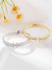 1pc 18K Gold Plated Hollow H-Shape Bracelet, Fashionable & Versatile Electroplated Jewelry Accessory - Multicolor - View 2