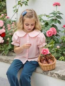 Girls' White Button-Up Shirt With Puff Sleeves, Collegiate Style, Spring/Summer - Pink - View 4