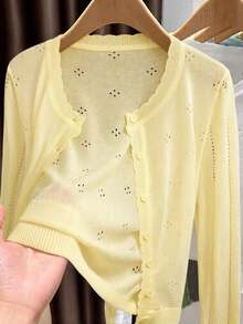 GIGOGOU 1XL-4XL 女式轻薄针织开衫，休闲透气长袖，春夏款 - 黃色 - 查看 1