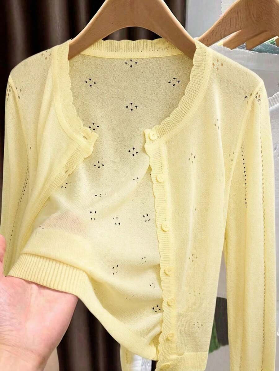 GIGOGOU 1XL-4XL 女式轻薄针织开衫，休闲透气长袖，春夏款 - 黃色 - 查看 1