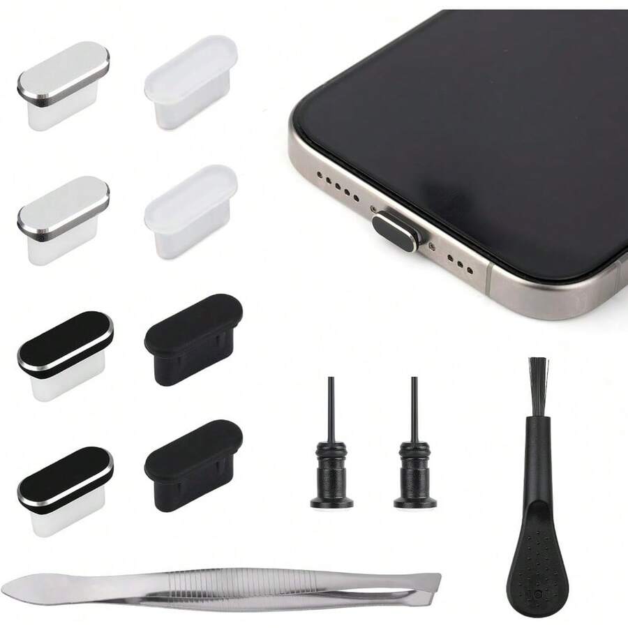 防尘硅胶塞 8 件装 USB-C 防尘塞 铝制硅胶 USB-C 端口盖，带清洁套装，防尘充电端口保护盖，手机防尘塞，兼容 15/16 系列及所有 Type-C 设备，春季派对礼物 - 多色 - 查看 1