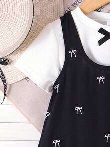 2件套女童校服套装，白色短袖T恤+黑色连衣裙，轻薄夏季休闲度假装 - 黑與白 - 查看 7