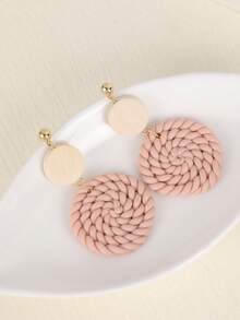 一对手工圆形软陶编织吊坠耳环，活泼可爱，质感十足，适合旅行、度假、派对、下午茶、音乐节和日常佩戴。 - 粉色 - 查看 1