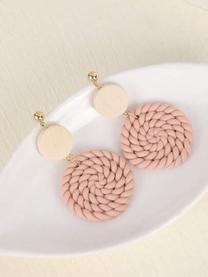 1 Pair Handmade Round Soft Clay Woven Pendant Earrings, Lively & Cute, Textured, Suitable For Travel, Vacation, Party, Afternoon Tea, Music Festival And Daily Wear
