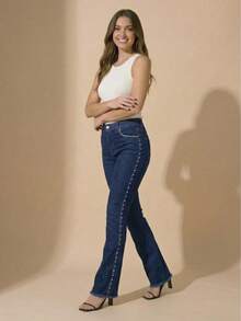 pthirillo Women's Dark Blue Flare Jeans With Butt-Lifting, High Waist, And Rhinestone Detail - Premium Rhinestone Jeans - 側面的珍珠和水鑽 - 查看 9