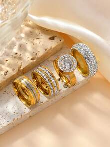 4枚优雅不锈钢镀18K金CZ钻石戒指，适合日常佩戴、订婚、结婚珠宝礼品 - 金色 - 查看 2