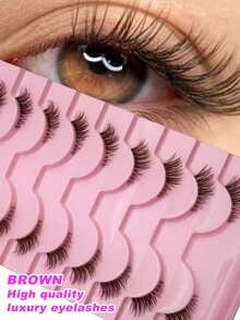 10 Pairs Brown Half-Eye False Eyelashes, Transparent Stem, Natural & Realistic, Enhance Eye Shape, Suitable For Daily Wear, Beginners, Vacation, Dates, Makeup - Brown - View 7