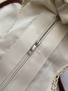 Bohemian Crochet Straw Tote Bag With PU Straps | Large Capacity Beach Shoulder Bag For Summer Vacation - White - View 4