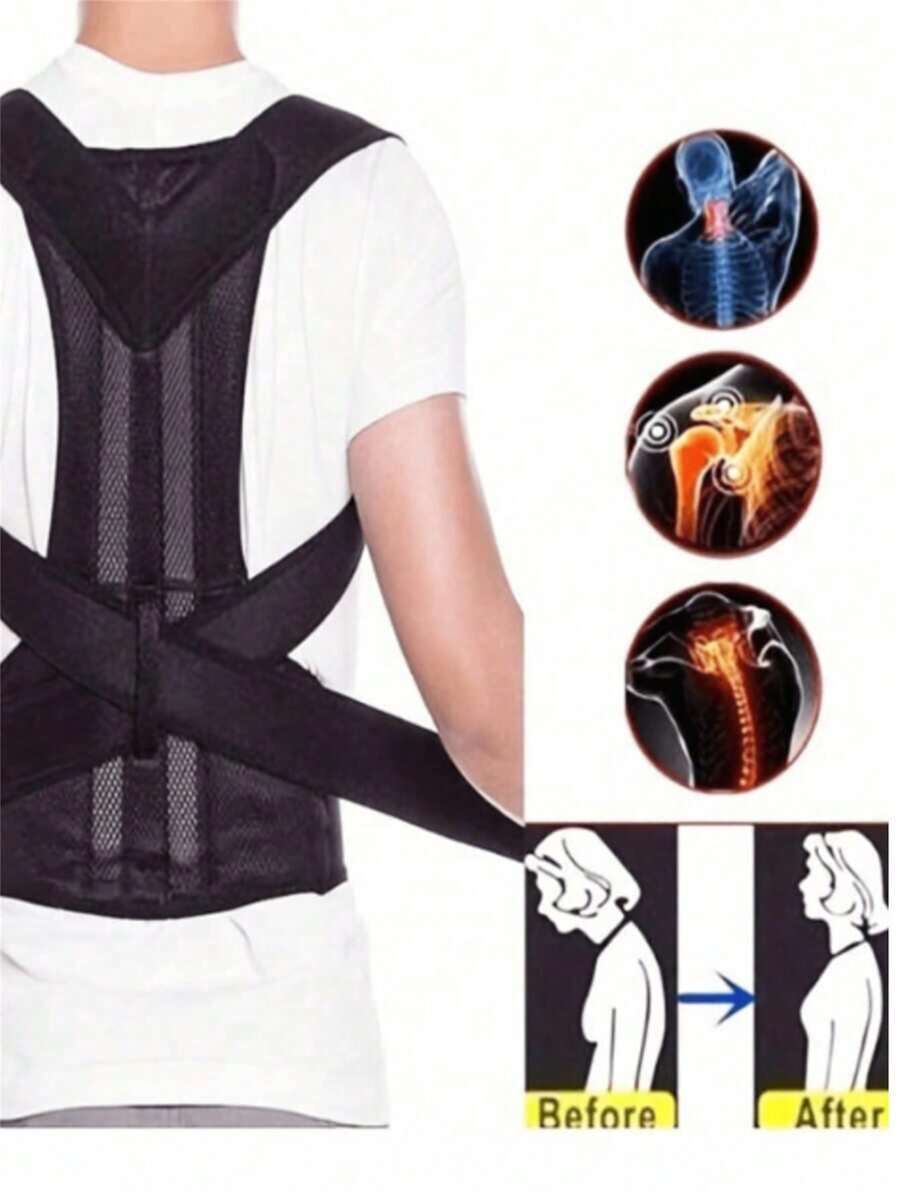 Corrector de postura ajustable y unisex en negro, cómodo y transpirable, que aumenta la confianza, ligero y flexible para uso diario, oficina y entrenamiento. Adecuado para adultos, adolescentes y estudiantes para corregir el encorvamiento, con soporte de tela suave.