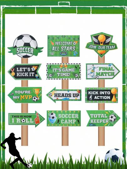 12个足球主题派对纸质指示牌，足球派对方向指示牌，家居装饰，房间装饰，派对背景装饰，室内外装饰，足球爱好者礼物，世界杯装饰用品，派对摄影道具，足球主题生日派对装饰，运动派对和足球派对用品