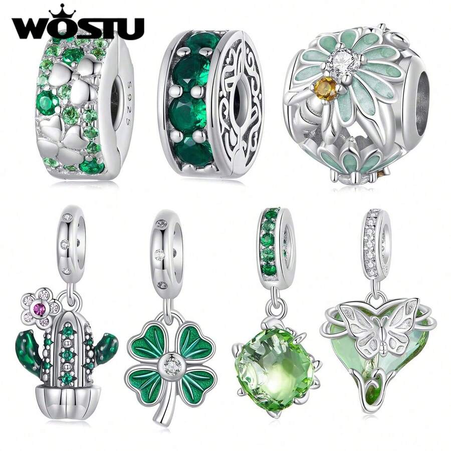 WOSTU 1pc 925 Sterling Silver Four-Leaf Clover Round Clasp, Bee & Daisy Pendant Beads, Green Cactus Flower & Lucky Four-Leaf Clover Pendant, Tree Of Life & Butterfly Pendant Inlaid With Green Zirconia And Glass, Suitable For Women DIY Bracelet And Necklace, Exquisite Jewelry Making, Valentine's Day Gift - Green - View 1