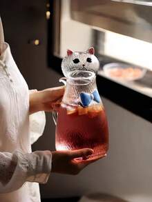 1pc Cute Bow Tie Cat Glass Handmade Carafe, High-Quality Cold Water Pitcher, Large Capacity Teapot For Home Use - Multicolor - View 7
