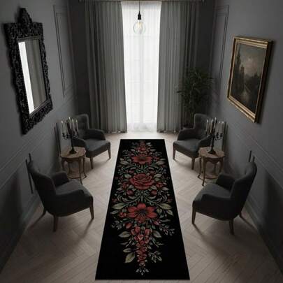 Alfombra pasillo gótica con flores rojas, alfombra de pasillo color rosa oscuro, alfombra de área larga vintage negra, alfombra de arte abstracto moderno 60*18 pulgadas/48*16 pulgadas, opción perfecta para regalos, alfombras elegantes y de alta calidad, perfectas para decoraciones y regalos para el hogar, la mejor opción para regalos de cumpleaños con estilo gótico