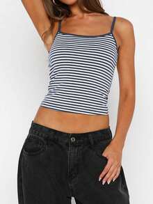 Vaiaye Women's Fashion Lingerie-Style Top, Spring/Summer Striped Print Round Neck Fitted Casual Vacation Sexy Camisole, Suitable For Valentine's Day Wear - 藍白條紋 - 查看 7