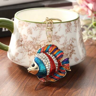 1pc Colorful Tropical Fish Rhinestone Decor Keychain, Creative Charm Pendant Keyring, Auspicious Gift, Zinc Alloy Bohemian Accessory, Spring