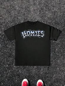 1pcs Homies Letter Print TShirt, Urban Style 100% Cotton TShirt Men's Graphic TShirt Summer Cool TShirt Perfect Gift For Family Or Friend, Casual Streetwear TShirt Men - Black - View 8