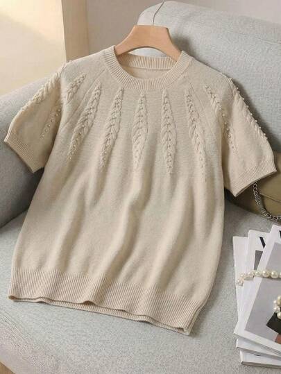 Plus Size Women Elegant Short Sleeve Crew Neck Knit Pullover Sweater, Pearl Decor Vest Top For Spring Summer Autumn, Suitable For Office, Commute, Date Outfit