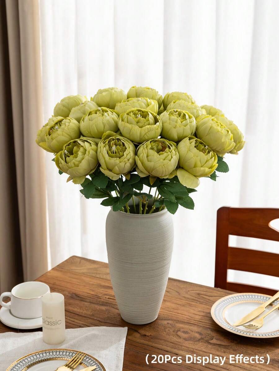 MEHELANY 5支20.1英寸绿色仿真牡丹花，塑料花茎，复古牡丹仿真花，丝绸花束，适用于房间装饰、花瓶、DIY婚礼、派对中心摆件、母亲节、情人节、生日礼物、人造花卉装饰、春夏户外派对用品