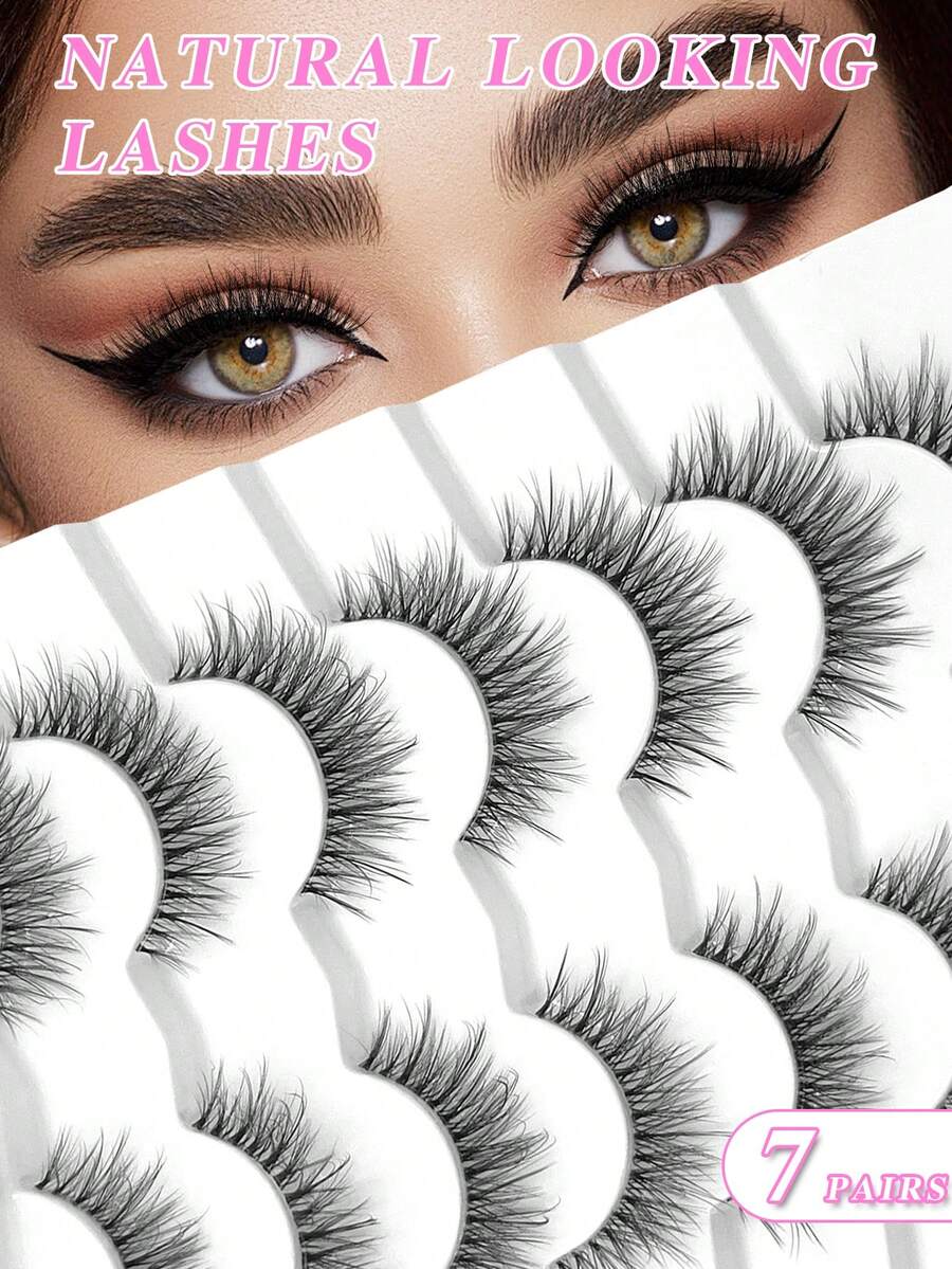 ENCHUW 7 pares de pestañas postizas delicadas con banda transparente en forma de cruz, de aspecto natural - Negro - Ver 1