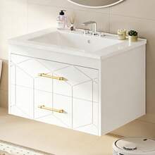 Mueble de baño de 30 pulgadas con fregadero combinado y 2 cajones, mueble de baño flotante con fregadero de cerámica y manija dorada, diseño de cierre suave, fácil montaje. - Blanco - Ver 1
