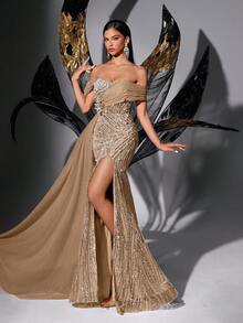 Vestido de fiesta de sirena con abertura alta, sin tirantes, con cuentas y lentejuelas de estilo hada rosa para boda y fiesta de primavera - Champán - Ver 4