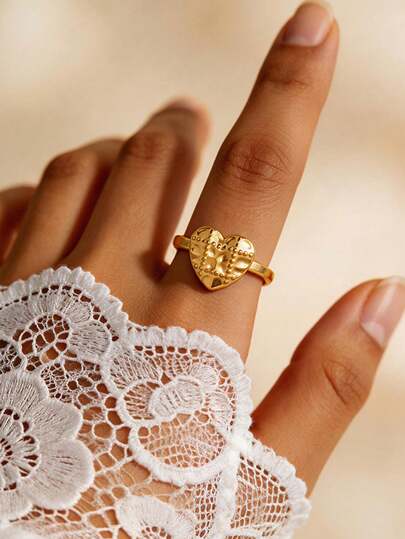 1 pieza Anillo de corazón de moda para mujer, chapado en oro de 18K, acero inoxidable, anillo de pareja geométrico con corazón abierto, joyería impermeable para regalo de boda y estética