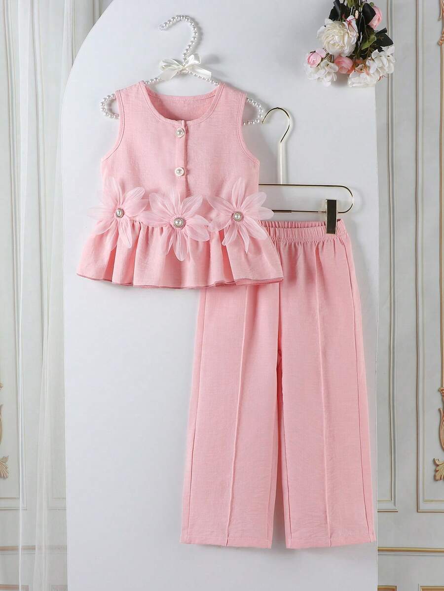 Conjunto de top sin mangas y pantalones rectos holgados para niñas, verano - Rosa - Ver 1