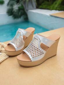 1 Pair Girl's Comfortable Fashion Wedge Slip-On Sandals, Suitable For Outdoor Leisure In Summer - Silver - View 3