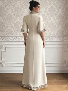 HOMEYEE Vestido formal largo para mujer, elegante vestido de fiesta de línea A con cuello en V, mangas cortas, bordado, para cóctel, noche y boda en primavera - Albaricoque - Ver 2