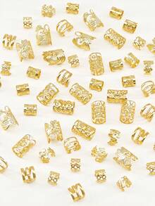 60pcs Multi-Style Hair Rings Collection - Versatile Alloy Hair Cuffs With Adjustable Designs, Boho Hair Jewelry For Men & Women's Dreadlocks & Braided Hairstyles - Gold - View 4