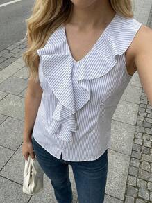 Buzzelle Blusa de mujer sin mangas con cuello en V a rayas, de tela tejida con volantes, de largo regular, con cintura anudada - Azul y blanco - Ver 2