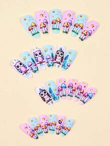 24PC Almond Press On Nails Medium Acrylic Owl White False Glossy Full Cover Glue On Reusable Black Stick On For Women DIY French Manicure - Multicolor - View 3