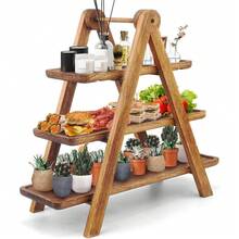 3-Tier Wooden Serving Tray, Three Tiered Cupcake Stand, Rectangle Platter Wooden Farmhouse Tray, Party Dishes For Entertaining, Rustic Vintage Trays And Platters, Dark Brown Appetizer Plates, Kitchen Organizer, Buffet Display Stand For Home, Hotel, Restaurant, Cupcake Stand | Food Board | Dessert Cake Platters - 彩色 - 查看 13
