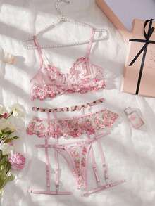 Date Night Sheer Mesh 4 Piece Bra & Garter Set - Pink - View 8