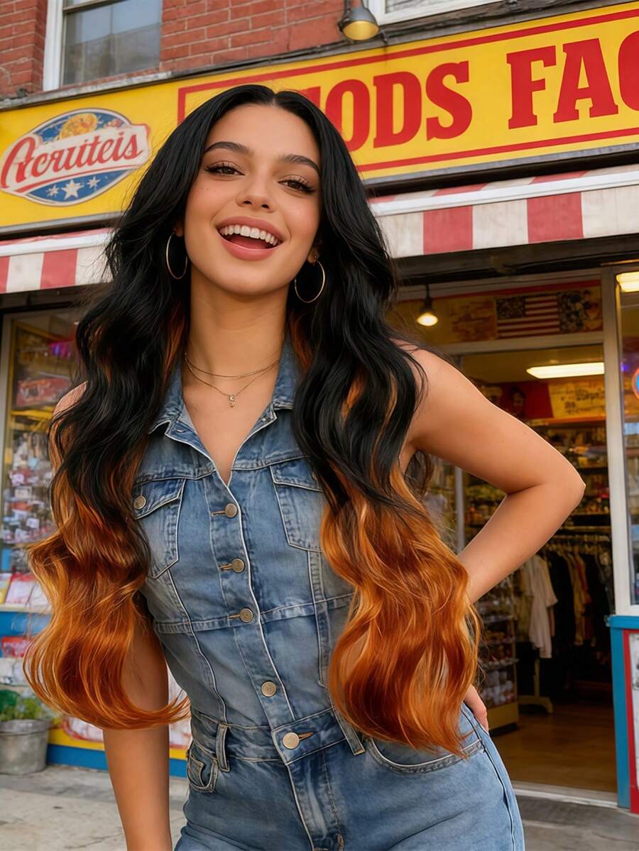 前卫的Y2K黑铜渐变假发：这款长款波浪假发采用引人注目的黑铜渐变色，完美展现2000年代初期的大胆、俏皮的时尚美学，是扮演标志性流行文化角色和打造Y2K风格角色扮演造型的理想之选。