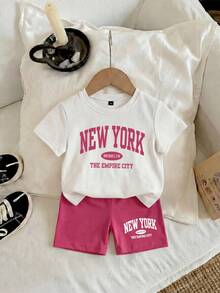 2pcs/Set Young Girl' Fashionable New York Print Short Sleeve Top And Shorts Set, Colorblock Casual Summer Outfit - White - View 2