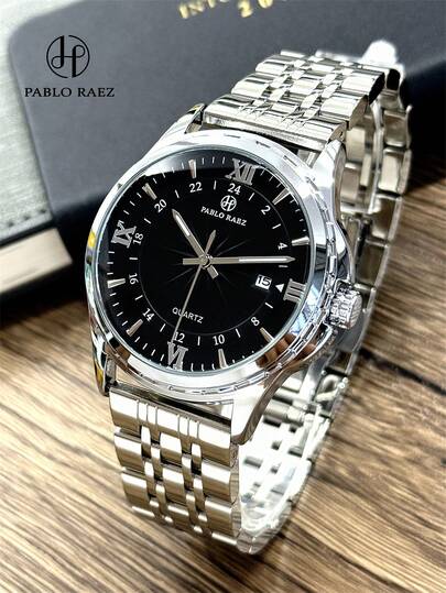  Pablo Raez 认证 1 件男士大表盘经典原创腕表 黑色 魅力 高品质 AAA 级 男士流行顶级品牌 全新 奢华设计师 银色不锈钢 厚实表链 50米防水 日历时钟 男士金属钢休闲时尚石英表 夜光指针 罗马数字和条形刻度 高级商务腕表 日常佩戴 教师礼物 父亲或男性朋友 生日 毕业 婚礼礼物