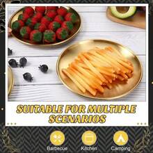 2个金色不锈钢烤盘，可重复使用且易于清洁（可用洗碗机清洗），6.6英寸圆形水果零食盘、自助餐盘、烧烤盘、披萨盘、沙拉盘、意面盘、甜点盘、坚果盘、糖果盘、水果拼盘、露营盘 - 金色 - 查看 10