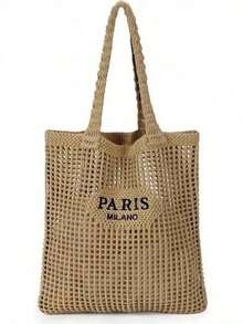 Knitted Shoulder Bag, Versatile Beach Tote Bag With Embroidered Hollow Letter Design, Casual Travel , Beach Bag S0X3 - Color - View 2